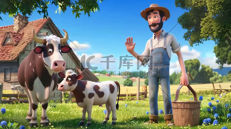 彩色卡通农场工人奶牛的插画3图片
