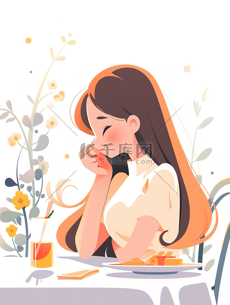 女孩在餐桌上吃饭扁平风插图图片