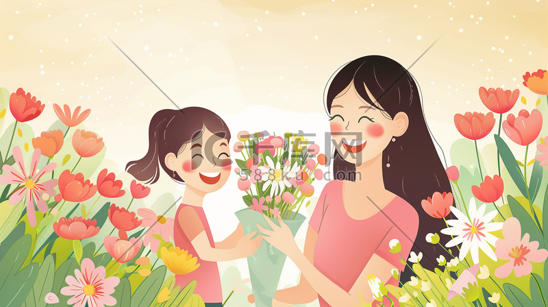 绘制母亲节母女花朵花卉花丛的插画图片