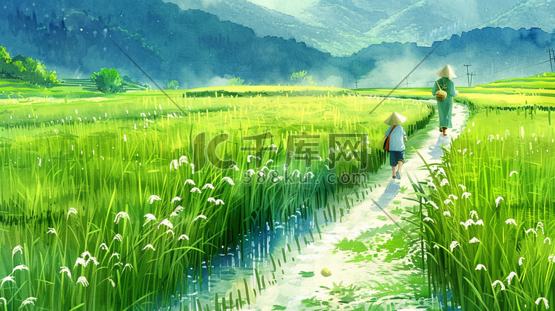 手绘绿色户外稻田老人小孩道路行走的背景插画素材图片