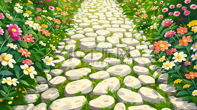 公园里石子道路旁花草花丛的插画图片