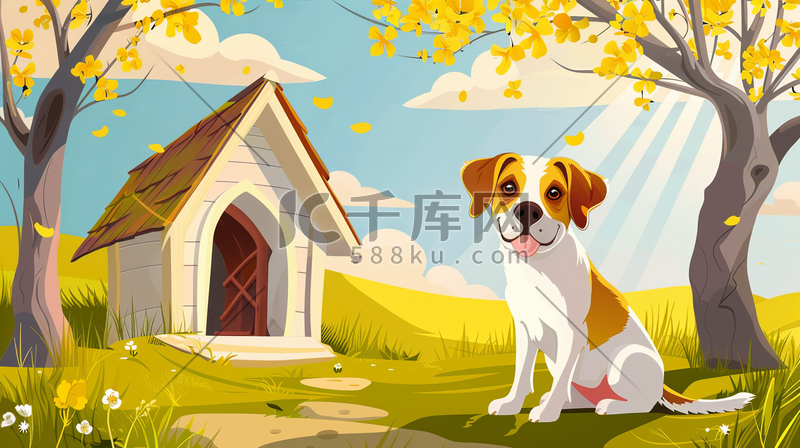 绘画户外卡通动物小狗狗屋的插画图片