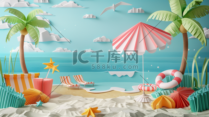 唯美夏天沙滩躺椅遮阳伞的插画图片