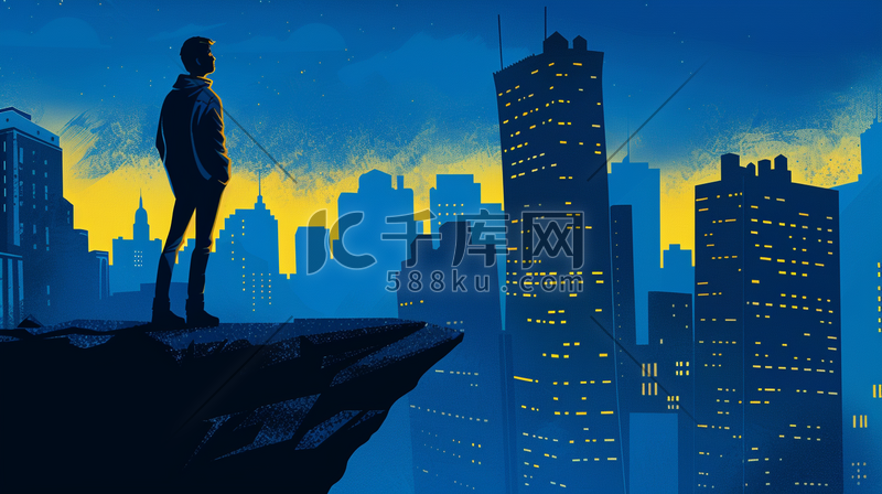 一个男人站在悬崖边看着城市的高楼插画图片