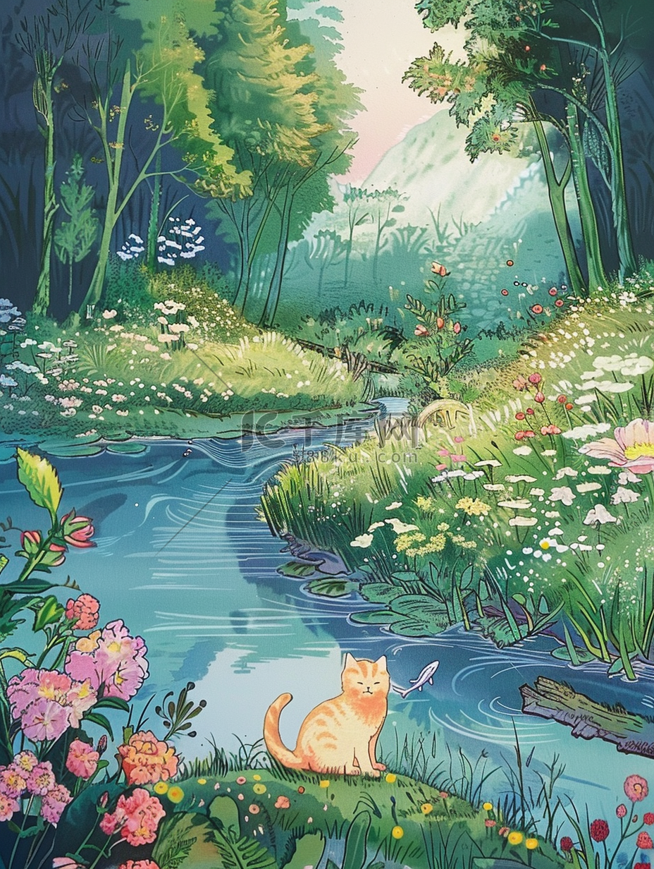 夏季河边手绘海报小草花朵树木小猫原创插画图片
