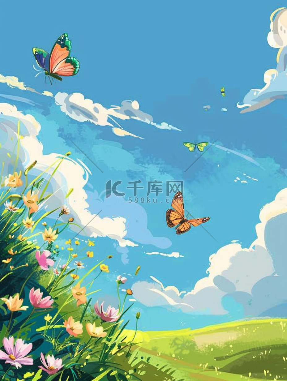 夏季山坡小草河流手绘插画唯美图片