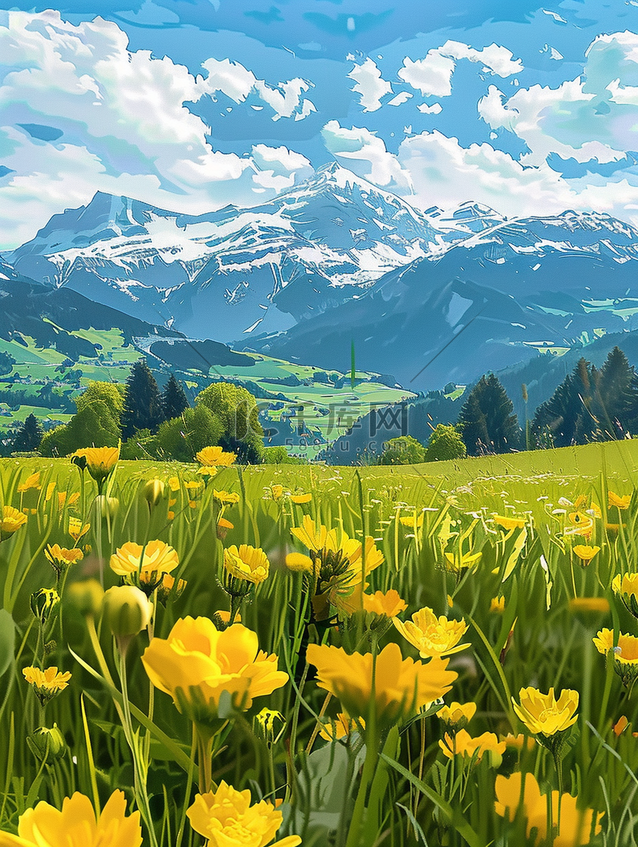夏季风景山坡盛开花朵油画海报插画海报图片