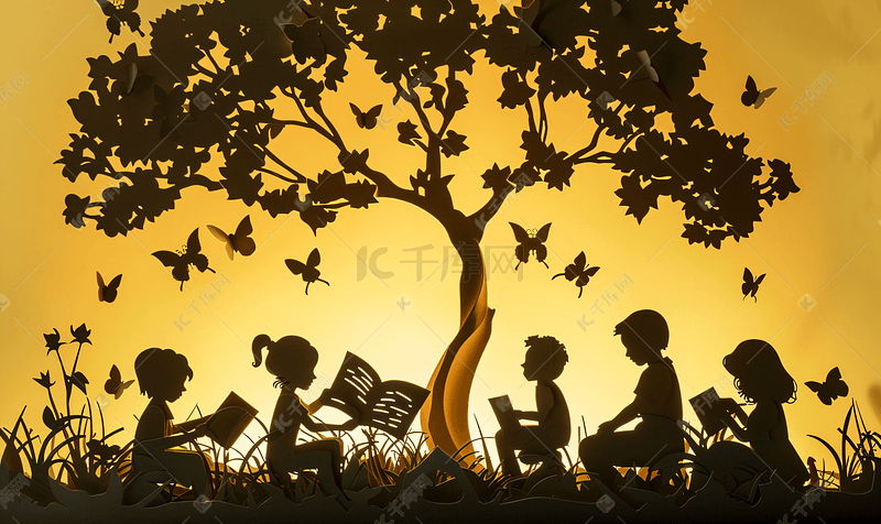 剪纸的孩子读一本书下树上老书图片
