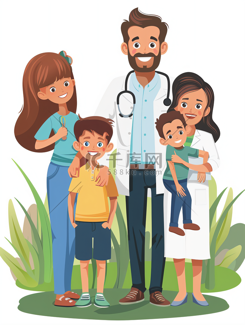 快乐健康的家庭和医生在公园合影图片