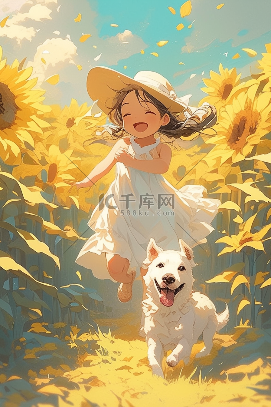 女孩小狗夏季向日葵手绘插画海报图片