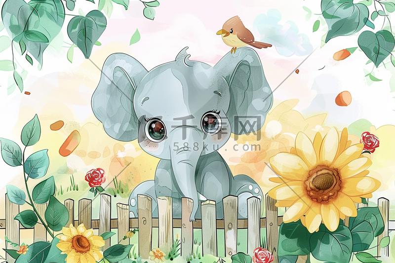 可爱小象手绘插画海报图片