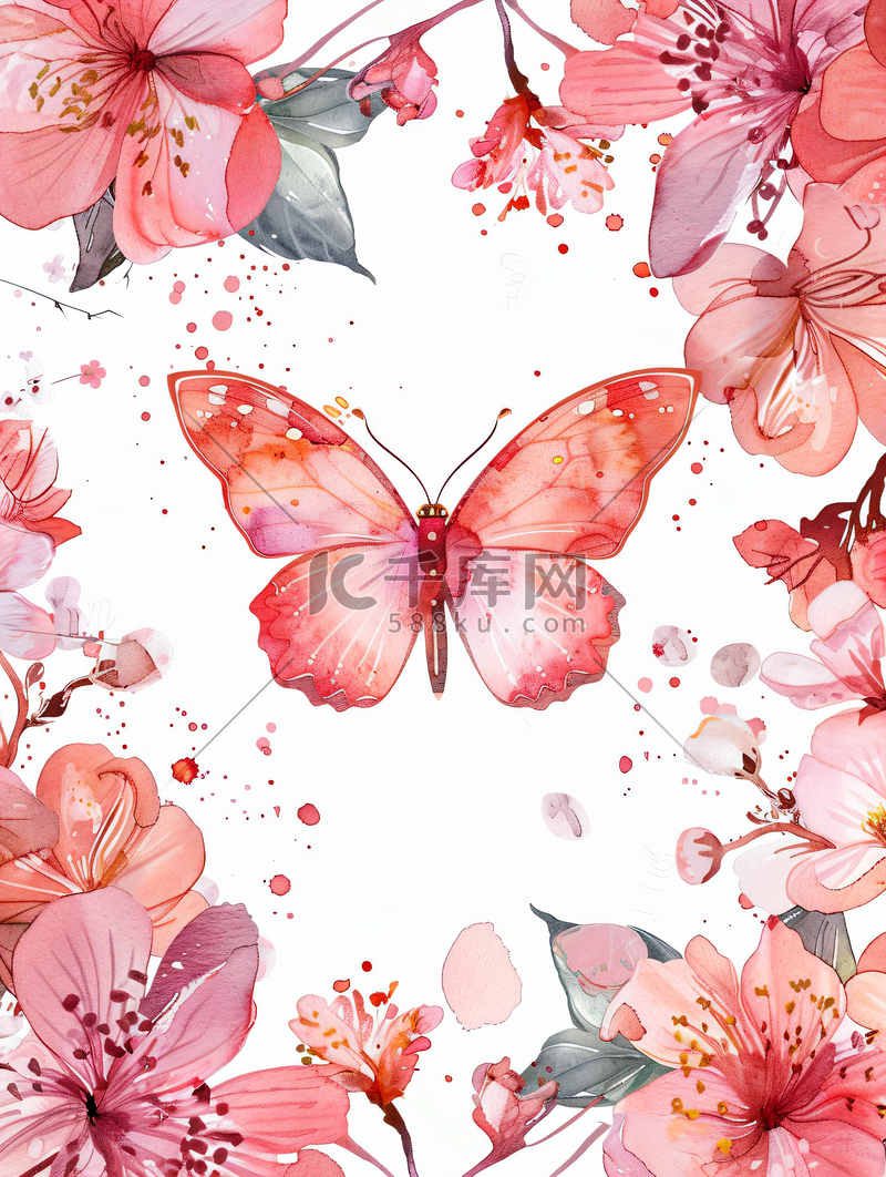 水彩蝴蝶与花粉红色图案框架图片