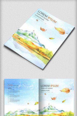 蓝色高档画册海报模板_手绘抽象风景商务高档画册封面