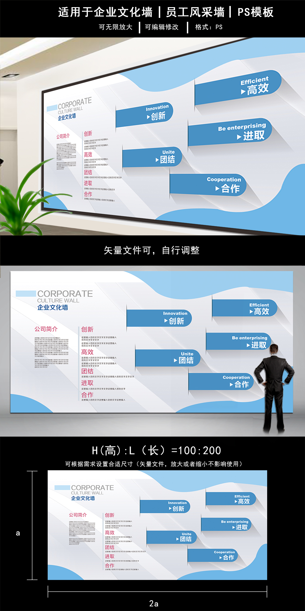 文化墙海报模板_2017蓝色简洁企业文化墙模板