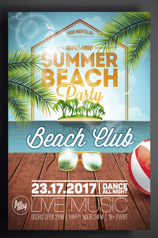 夏日派对展板海报模板_盛夏海边沙滩派对狂欢夜创意海报