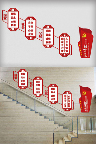 社会主义核心价值观党建文化墙楼梯立体展板
