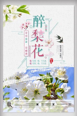 樱花旅游海报模板_时尚简洁醉梨花春季旅游海报
