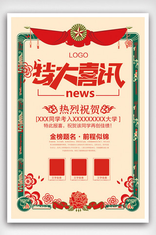 红色状元海报模板_2018年红色中国风简洁特大喜讯海报