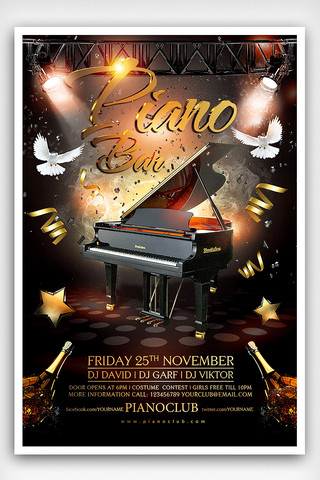 卡通钢琴钢琴海报模板_黑色大气国外钢琴创意海报设计
