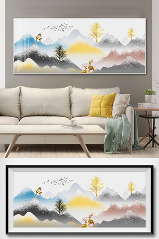 水生海报模板_现代手绘金色山水风景抽象客厅沙发床头装饰画