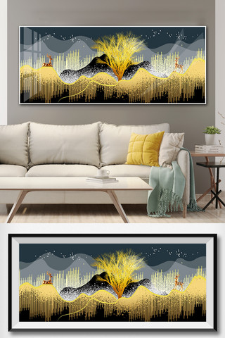 抽象山水海报模板_抽象山水风景深林麋鹿现代简约晶贝装饰画