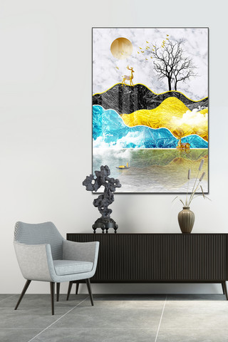 北欧轻奢装饰画海报模板_新中式轻奢抽象金色山水发财树客厅装饰画