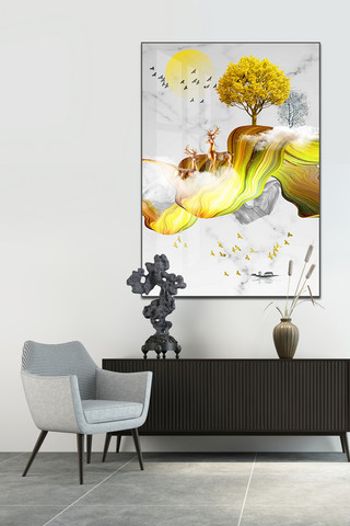 蓝色轻奢海报模板_新中式现代轻奢抽象金色麋鹿发财树玄关装饰画