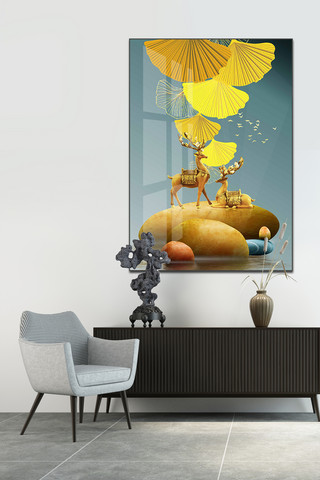 北欧现代装饰画海报模板_新中式抽象现代银杏叶石来运转山水麋鹿创意装饰画