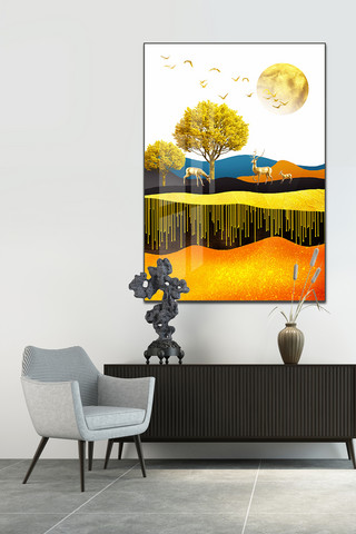 金色山水风景黄金鹿发财树抽象山水装饰画