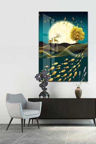 北欧现代装饰画海报模板_新中式抽象金色线条山水意境麋鹿玄关装饰画