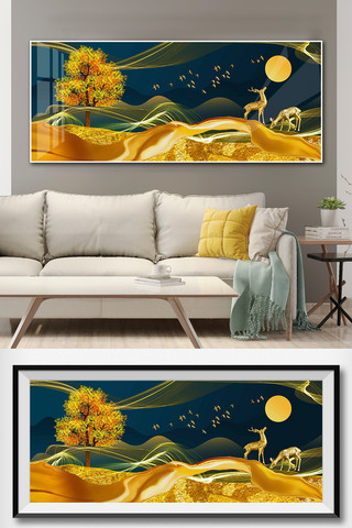 手绘简约山水海报模板_抽象金色山水发财树麋鹿客厅背景墙装饰画