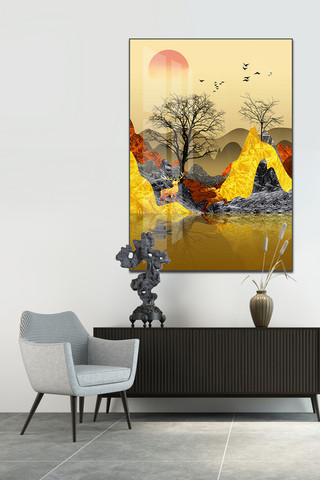 北欧现代装饰画海报模板_轻奢抽象金山麋鹿发财树飞鸟装饰画晶瓷