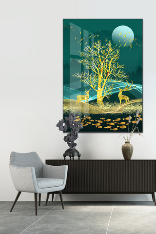 北欧现代装饰画海报模板_新中式现代抽象金色山水意境线条玄关装饰画