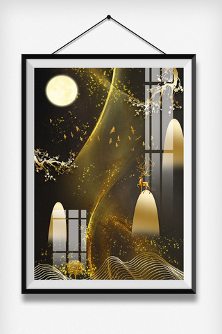 中式传统简约风海报模板_新中式传统装饰金色简约装饰画