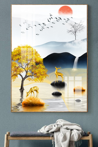 装饰画现代海报模板_现代金色抽象线条深空山水晶瓷装饰画