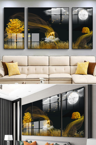 中式传统简约风海报模板_新中式传统装饰金色简约装饰画