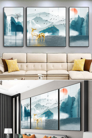 手绘简约山水海报模板_轻奢北欧手绘麋鹿抽象风景装饰画
