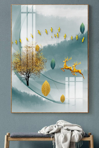 中式客厅装饰画海报模板_新中式水墨线条山水风景艺术装饰画