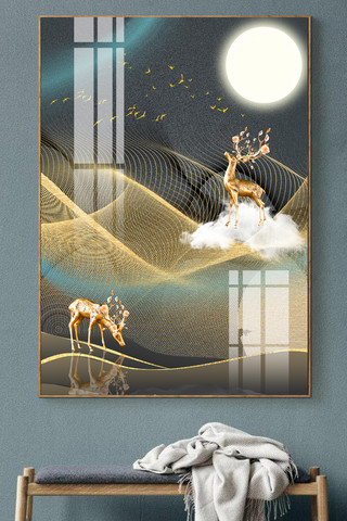 新中式现代发财树麋鹿飞鸟客厅晶瓷装饰画