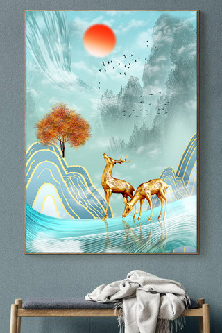 金色发财树海报模板_新中式现代发财树麋鹿飞鸟客厅晶瓷装饰画