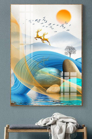 新中式现代海报模板_新中式现代发财树麋鹿飞鸟客厅晶瓷装饰画