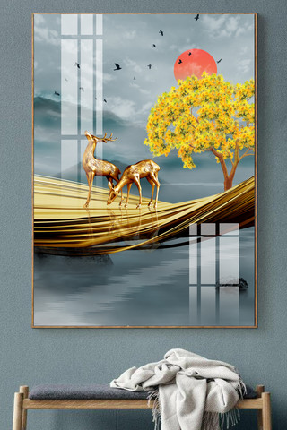 现代极简风海报模板_新中式现代发财树麋鹿飞鸟客厅晶瓷装饰画