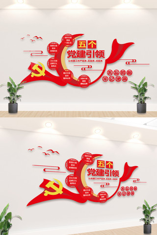 红色五个党建引领内容知识文化墙设计