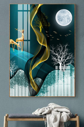 金色发财树海报模板_创意后现代艺术轻奢发财树风景麋鹿装饰画