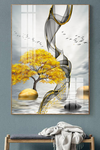 羽毛碎片海报模板_创意后现代艺术轻奢发财树风景麋鹿装饰画