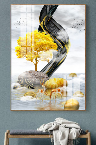 中国风线条海报模板_创意轻奢抽象线条艺术麋鹿风景装饰画