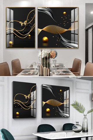 创意极简线条海报模板_几何线条创意黑色餐厅装饰画