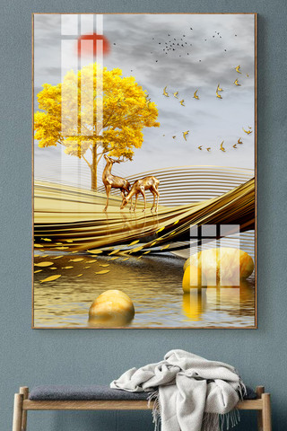 新中式客厅背景海报模板_中国风简约新中式奢华山水装饰画