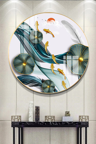 现代抽象金色线条九鱼图晶瓷画装饰画