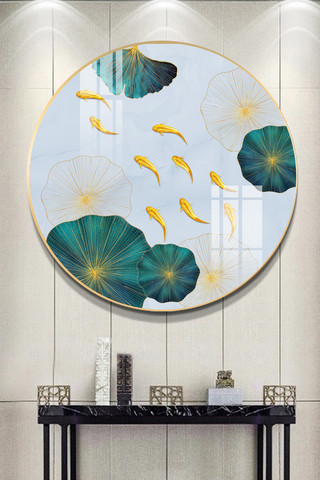 中国风山水荷叶海报模板_轻奢现代装饰金色简约装饰画